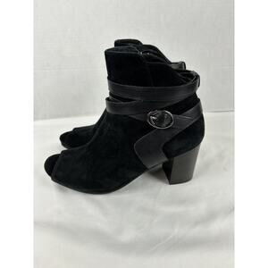 Earthies Santo Peeptoe Booties Boots Black Suede 8.5 B Ankle Zip Arch Support